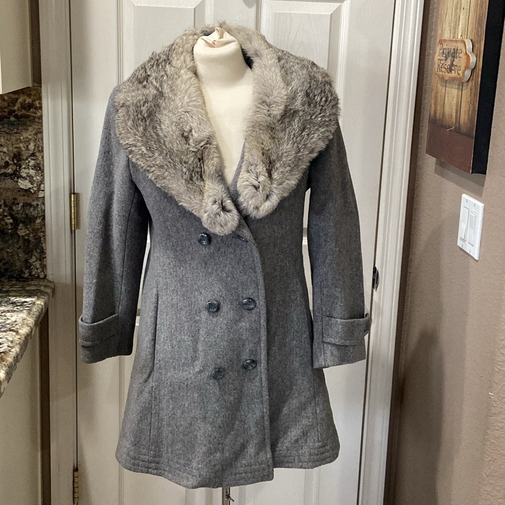 Vintage Britanny womens womens real rabbit fur and wool trench coat